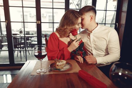 Elegant couple spend time in a restaurantの写真素材
