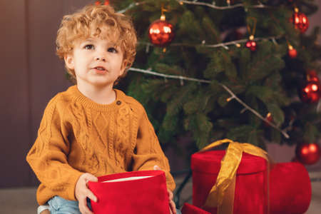 Little boy near christmas tree in a brown sweater