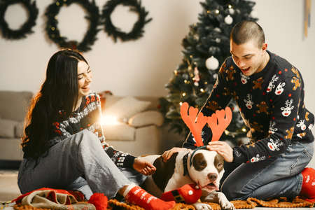 Cute couple sitting at home near christmas treeの写真素材