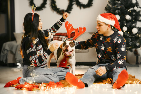Cute couple sitting at home near christmas treeの写真素材