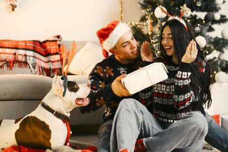 Cute couple sitting at home near christmas treeの写真素材
