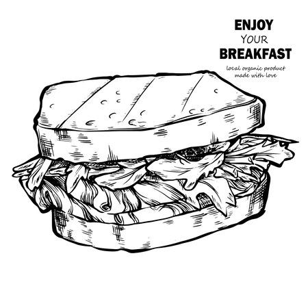 Hand drawn food sketch of sandwich, toasted clubsandwiches. Black and white vintage illustrationsのイラスト素材