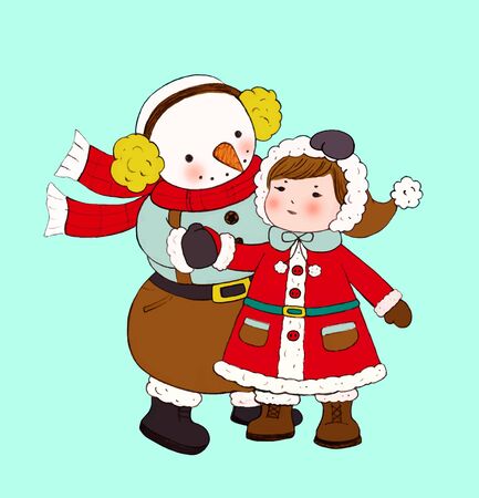Snowman with little girl in winterのイラスト素材