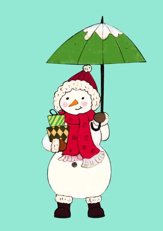 Winter snowman holding an umbrellaのイラスト素材