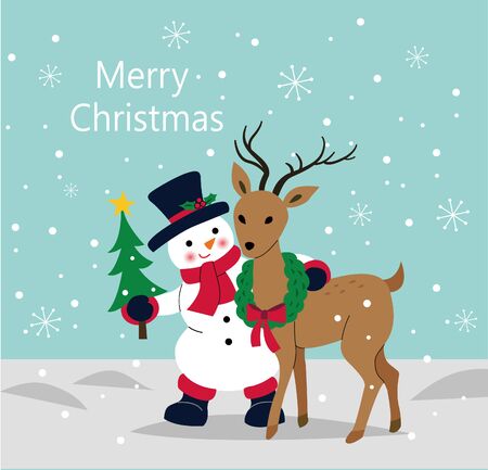 Snowman with deer in winter snowのイラスト素材
