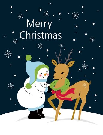 Snowman with deer in winter snowのイラスト素材