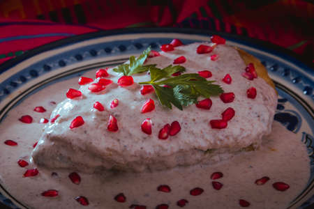 Chile en Nogada on a talavera plate from Puebla, traditional cuisine of Mexicoの写真素材