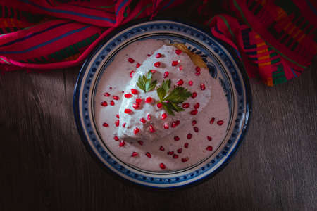 Chile en Nogada on a talavera plate from Puebla, traditional cuisine of Mexicoの写真素材