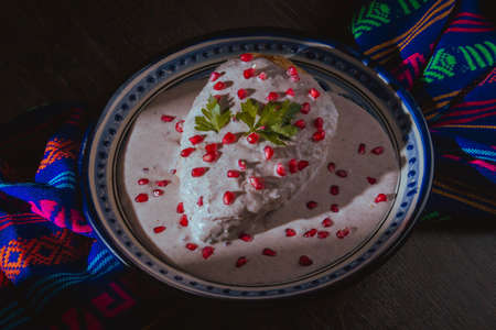 Chile en Nogada on a talavera plate from Puebla, traditional cuisine of Mexicoの写真素材