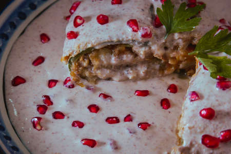 Chile en Nogada on a talavera plate from Puebla, traditional cuisine of Mexicoの写真素材