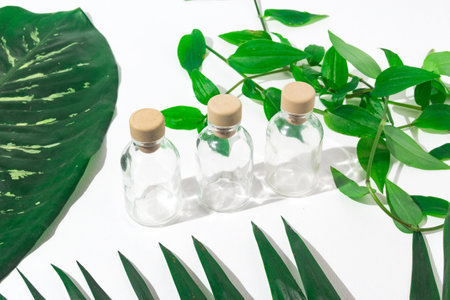 Three glass bottles with cork stoppers for perfumes with exotic plants. Mockup.の写真素材