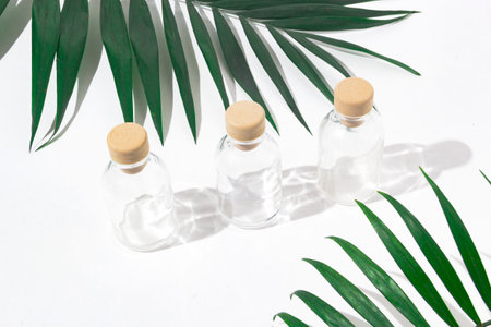 Three glass bottles with cork stoppers for perfumes with exotic plants. Mockup.の写真素材