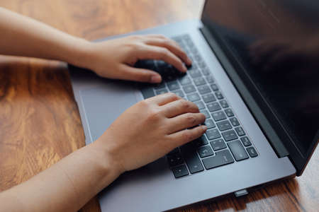 hands write on a computerの写真素材