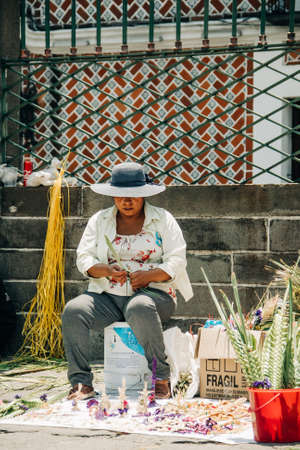 Artisans sell palm figures during the Palm Sunday celebration outside the Puebla Cathedralのeditorial素材
