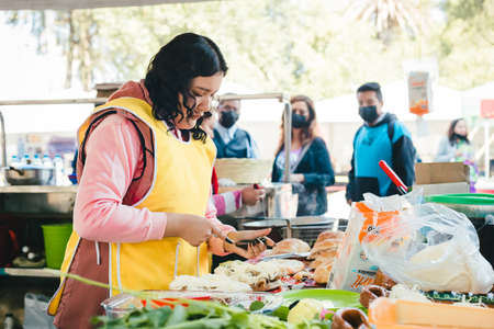 Poblano cemitas stand in a marketのeditorial素材