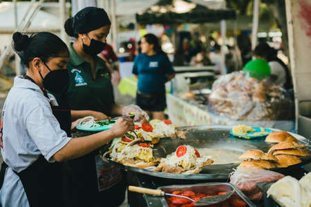 Poblano cemitas stand in a marketのeditorial素材