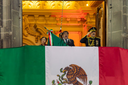 Ceremony of the Cry of Independence led by the Governor of Puebla, Miguel Barbosa from the Municipal Palaceのeditorial素材