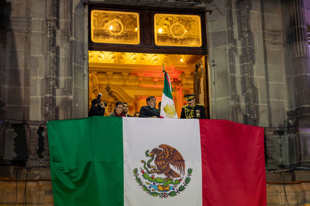 Ceremony of the Cry of Independence led by the Governor of Puebla, Miguel Barbosa from the Municipal Palaceのeditorial素材