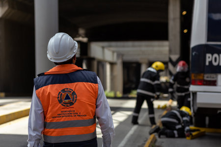 Emergency forces participated in a drill at the JuÃ¡rez-Serdan road interchange to commemorate the earthquakes of September 19, 1985 and 2017.のeditorial素材