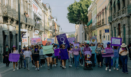Protests in the streets of the city of Puebla during the march for women's rights, feminist march against gender violence, March 8 in the City of Pueblaのeditorial素材