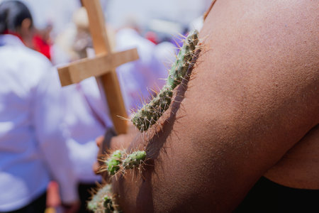 Close-up of a participant in the Engrillados tradition in Atlixco, Mexico. Thorns pierce the skin...