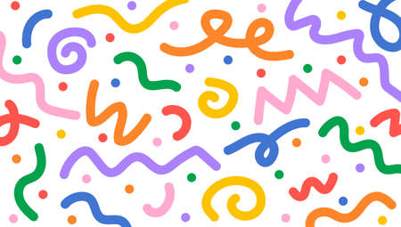 Fun colorful line doodle seamless pattern. Creative minimalist style art abstract background with bright cute elements. Simple childish scribble backdrop. Colorful swirls, circles, lines.のイラスト素材