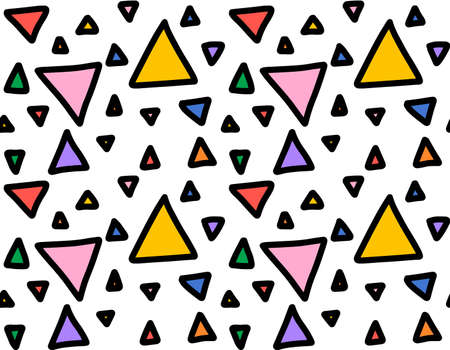 Seamless pattern with rainbow coloured triangles on white background. Funny festive vector illustration in style of comics and hand-drawing. Colorful doodle figures. Abstract geometric backdropの写真素材