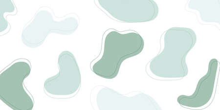 Random halftone green blobs with outline in white background. Organic amoeba blob shape with line....