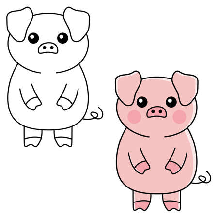 Black and white vs colored cute pig. Coloring page. Coloring book for preschool kids with easy educational game level. Cartoon animal sticker. Simple linear design. Childish vector illustration, eps10のイラスト素材