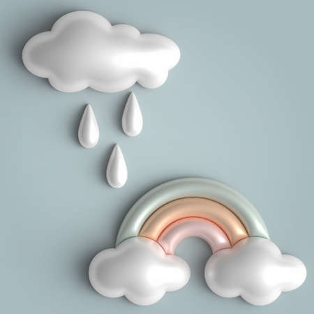 3d cute cartoon weather icons set. Realistic glossy sparkly cloud, raindrops, colorful rainbow....
