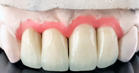 Ceramic dental bridge on plaster model. Dental prosthesis manufacturing workshop. Selective focus. Dental implant. Restoration of teeth. Dental laboratory, clinic. Implants of the jaw of person. Visual materials at the dentist's officeの写真素材