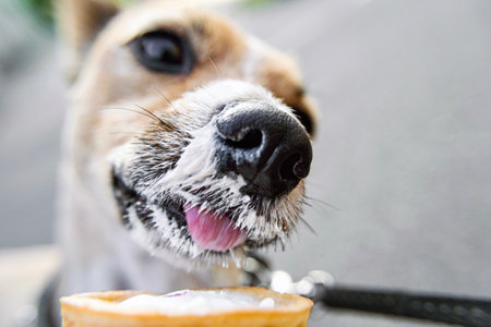 Funny cute charming photo with pets in summer. Lifestyle photos. Selective focus. Like ice cream...