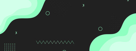 Trendy abstract dark background with geometric bright green shapes. Modern fluid backdrop with gradient waves and different figures.. Cool background design for posters, streamer screensaver, online order, web page, broadcast screensaver, app design and printのイラスト素材