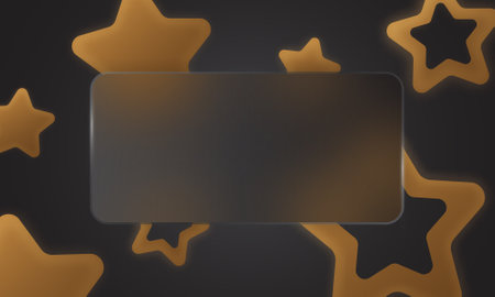 Trendy starry banner in glassmorphism style. Dark background with 3d gold stars and glass overlay...