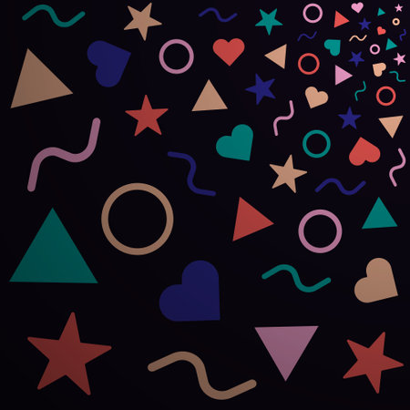 Minimalist basic figures, brutalism forms, element on black background. Explosion of colorful confetti and shapes. Trendy memphis style. Abstract geometric vector square template for social media postのイラスト素材