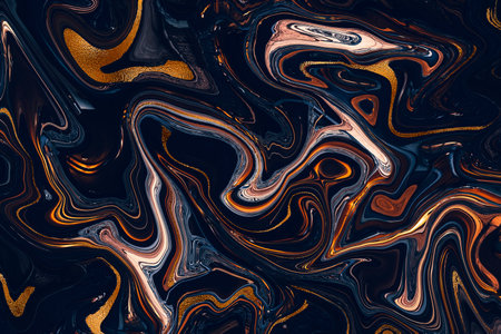 Abstract marble background with gold waves and curls. Liquid marbled dark blue, orange golden luxury...