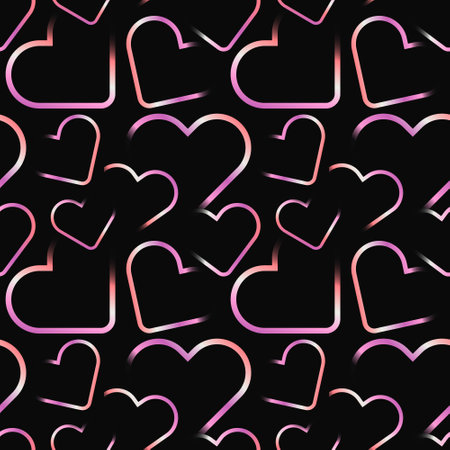 Cool seamless pattern with bright neon colors random hearts isolated on black background. Gradient pink heart aesthetic square template for social media post. Retro print for graphic in y2k styleのイラスト素材