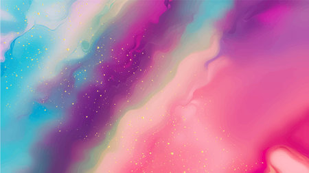 Dreamy iridescent alcohol ink background with gold dust. Abstract rainbow colored watercolor texture backdrop. Girly fluid art. Mixing acrylic paintsのイラスト素材