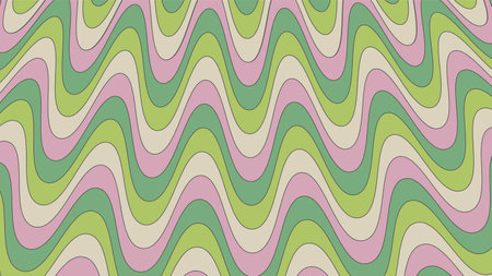 Groovy psychedelic wavy background in 70s style. Funky hippie backdrop for surface design. Abstract retro line art. Trendy vector illustration with colorful waves. Beige, pink and green pastel colorのイラスト素材