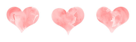 Set of hand drawn watercolor hearts isolated on white background. Soft red or pink romantic vector design elementの写真素材