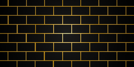 Gold and black colors bricks wall background. Abstract line geometric backdrop. Minimal design style. Stone wall texture background. Futuristic artのイラスト素材