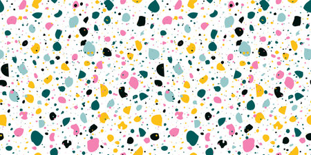 Abstract horizontal background with terrazzo seamless pattern. Random colorful small pieces on white...