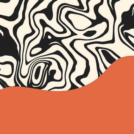 Abstract psychedelic groovy background with black waves and copy space. Liquid marble texture. Square design for social media, cover, print, sale, banner, print, flyerのイラスト素材