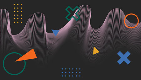 Abstract modern art with colorful Memphis geometric figures and wavy lines on black background. High-tech cyberpunk concept design. Wireframe science backdrop. Futuristic wallpaper, digital templateのイラスト素材