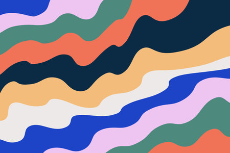 Retro abstract background in groove style. Distorted wavy pattern. Psychedelic curves vector design in 60-70s hippie style. Colorful striped pastel backdrop.のイラスト素材