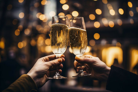 Close up two glasses with sparkling champagne wine in hands. Cheers in restaurant and cafe. Blurred golden bokeh background. Christmas and New Year celebrationの素材