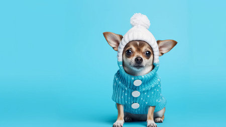 Funny little chihuahua or Toy Terrier in warm winter costume isolated on blue background. Portrait cute dog chihuahua puppy in knitted sweater and hat. Christmas and New Year holidayの素材
