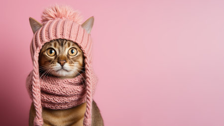 Cute abyssinian cat in knitting winter hat and scarf isolated on pink background. Portrait red-haired domestic kittenの素材