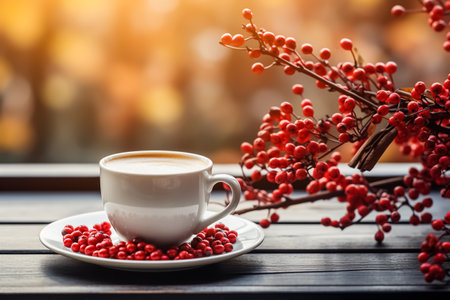 Cup of hot coffee with milk, cozy autumn season composition. Cappuccino and red rowan berries on blurred orange leaves background. Autumn decor, fall mood, still lifeの素材