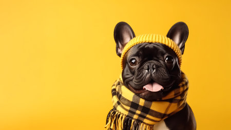 Portrait happy black French bulldog in warm knitted hat and scarf isolated on yellow background with copy space. Cute fancy smiling dog. Winter domestic animals fashionの素材